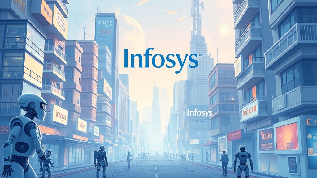 A futuristic illustration of a city with robots and artificial intelligence integrated into daily life, with the Infosys logo prominently displayed in the background.