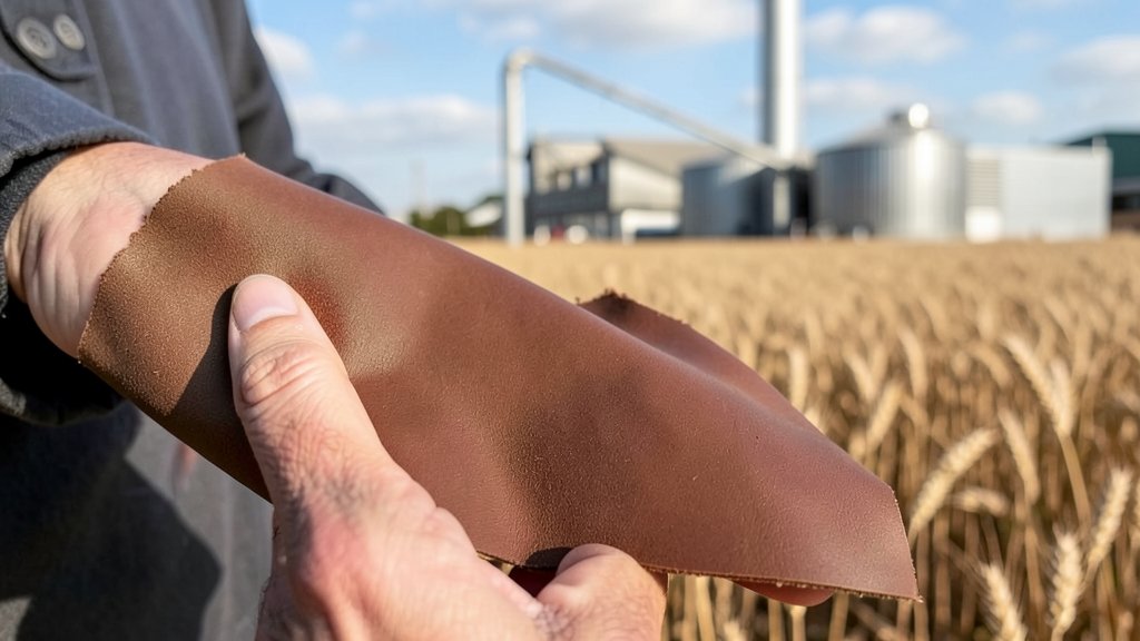 A close-up of a person holding a piece of Arda's plastic-free leather-like material, with a brewery or a field of barley in the background, highlighting the connection between beer waste and sustainable innovation.