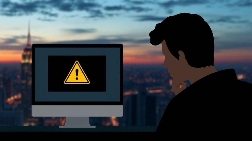 A diagram showing a computer screen with a warning sign, representing a security flaw, and a person in the background looking concerned, with a cityscape at dusk.