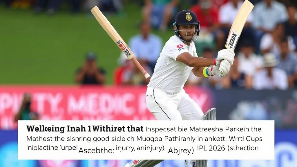 A photo of Matheesha Pathirana in action on the cricket field, with a caption about his injury and its impact on the T20 World Cup and IPL 2026.