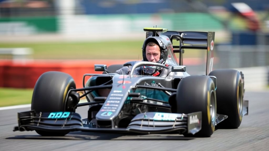 A photo of George Russell in his Mercedes Formula 1 car on the track during the Bahrain test, with a blurred background and a focus on the car's speed and Russell's determined expression.