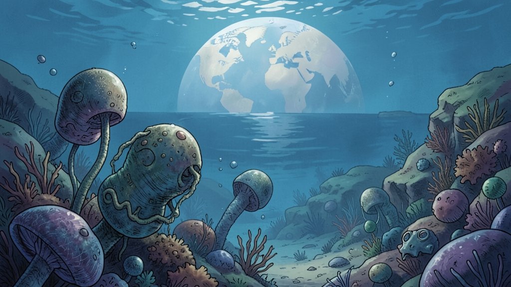 an illustration of ancient microbes in the deep sea, with a background of oceanic landscape and a faint image of the Earth's atmosphere
