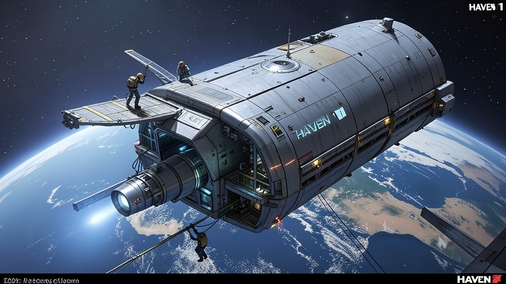 A futuristic illustration of the Haven 1 private space station in orbit around the Earth, with a spaceship docked to it and astronauts working outside.