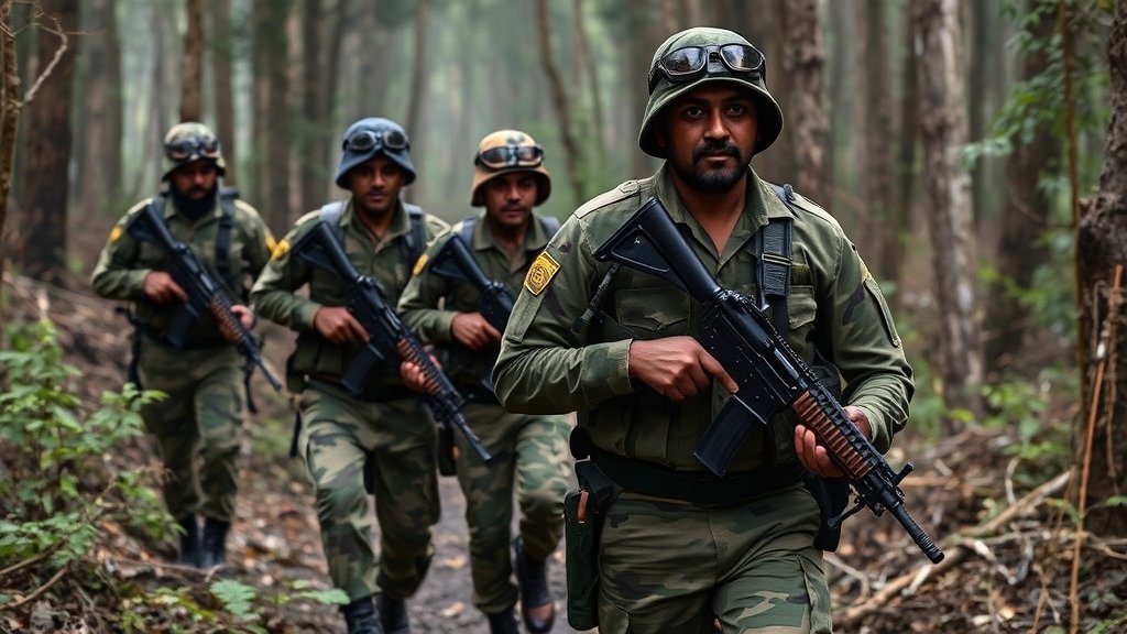 A group of security personnel in camouflage uniforms and armed with rifles, moving through a dense forest in Chhattisgarh or Telangana, with a faint image of a Maoist leader in the background