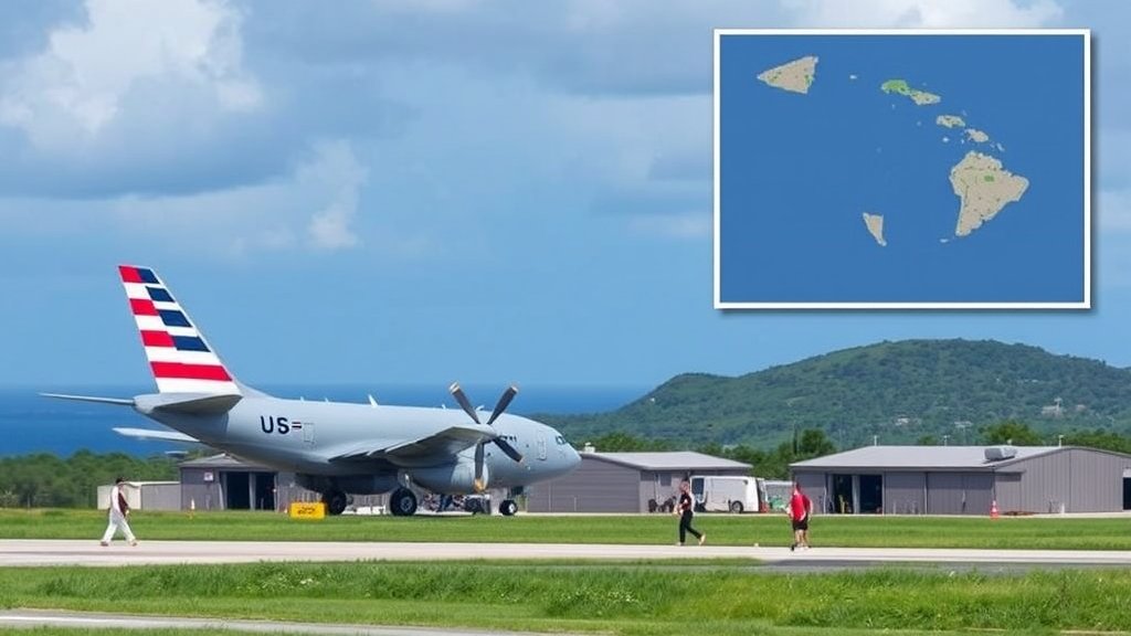 A photo of a RAF base with a US military plane in the background, with a subtle image of the Chagos Islands map in the corner