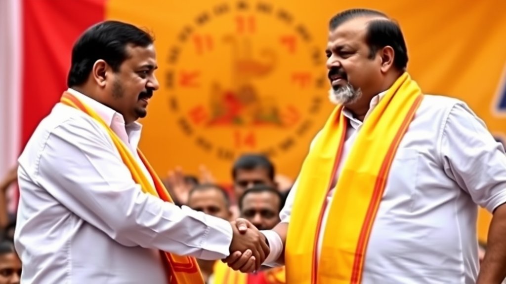 A photograph of the DMDK leader, Vijayakant, and the DMK leader, MK Stalin, shaking hands, with a background of Tamil Nadu's state flag and a crowd of supporters, symbolizing the formation of their alliance for the upcoming Tamil Nadu assembly elections.