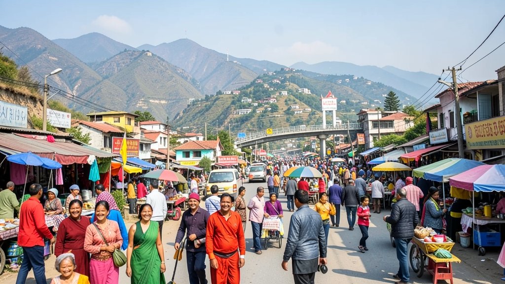 An image of a vibrant village near the India-China border with happy villagers, good infrastructure, and a thriving economy.