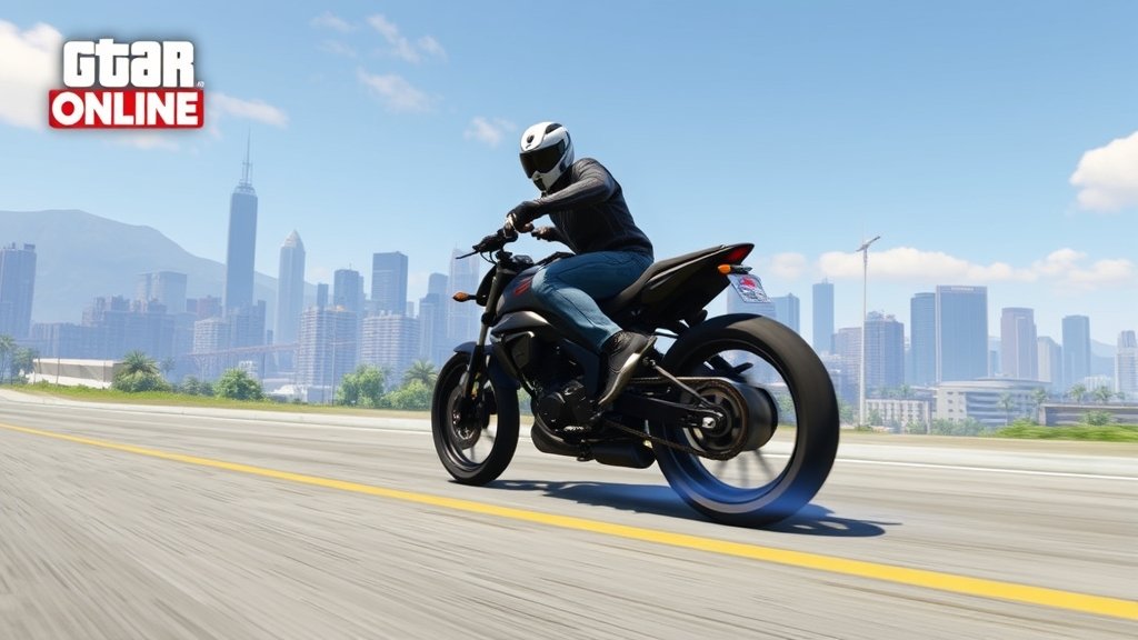 A screenshot of a biker riding in GTA Online with a cityscape in the background, highlighting the new update's features