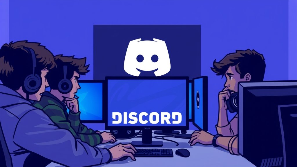 A group of gamers sitting in front of their computers, looking concerned and discussing something, with a Discord logo on the screen.