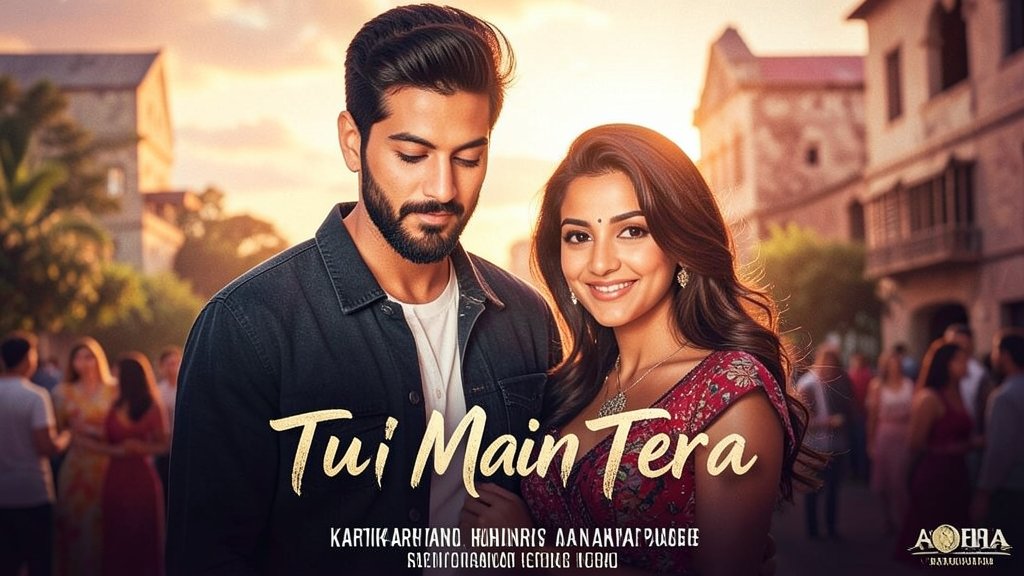 A poster of the movie "Tu Meri Main Tera" with Kartik Aaryan and Ananya Panday in the lead roles, with a romantic background and a subtle hint of comedy.