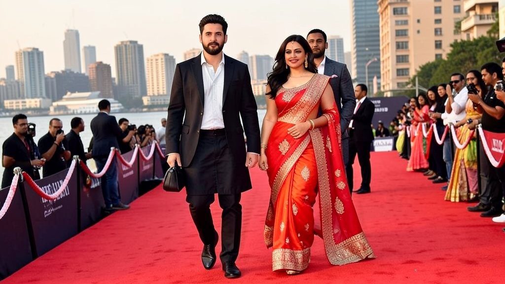 A photo of Nick Jonas and Priyanka Chopra walking the red carpet together, with a cityscape in the background and a mix of Indian and Western attire.