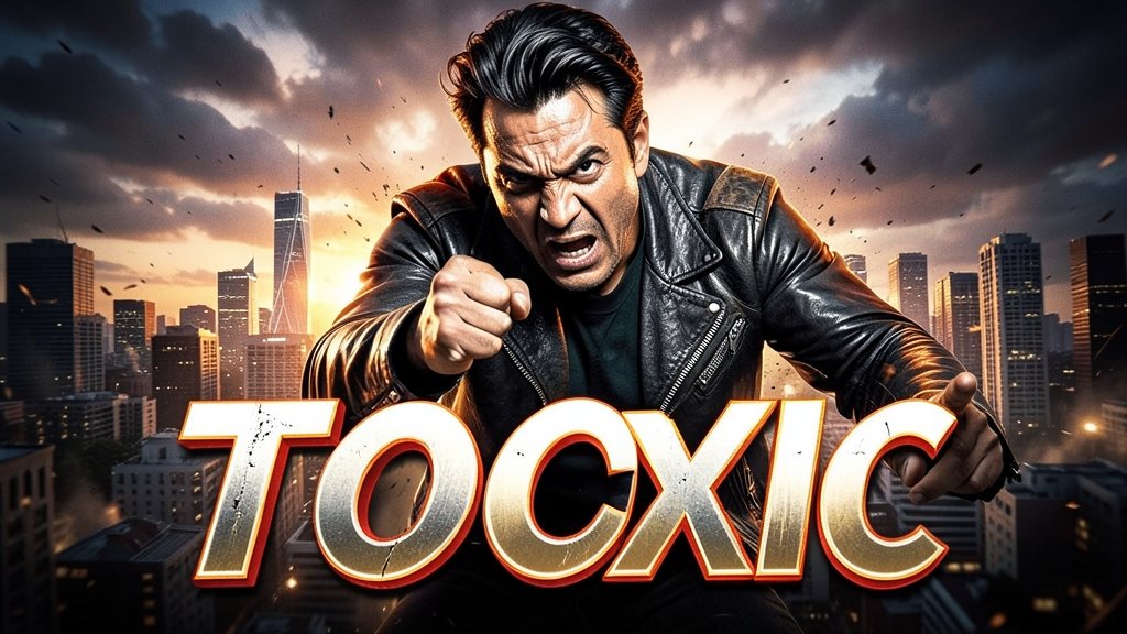 A dramatic poster of Yash in a intense action pose, with a cityscape in the background and a bold font title "Toxic" in the foreground.