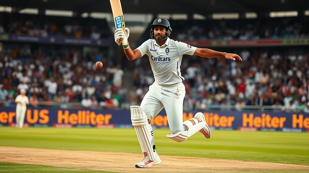 A high-energy image of Shivam Dube in action on a cricket field, with a stadium full of cheering fans in the background, capturing the essence of his match-winning performance.