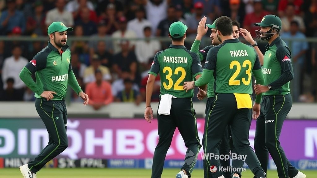 A photograph of the Pakistan cricket team in action during a T20 match, with a focus on the team's dynamics and player interactions.