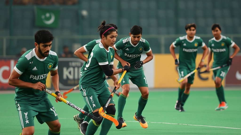A photo of the Pakistan hockey team in action, with a caption about the recent controversy and the resignation of the PHF chief