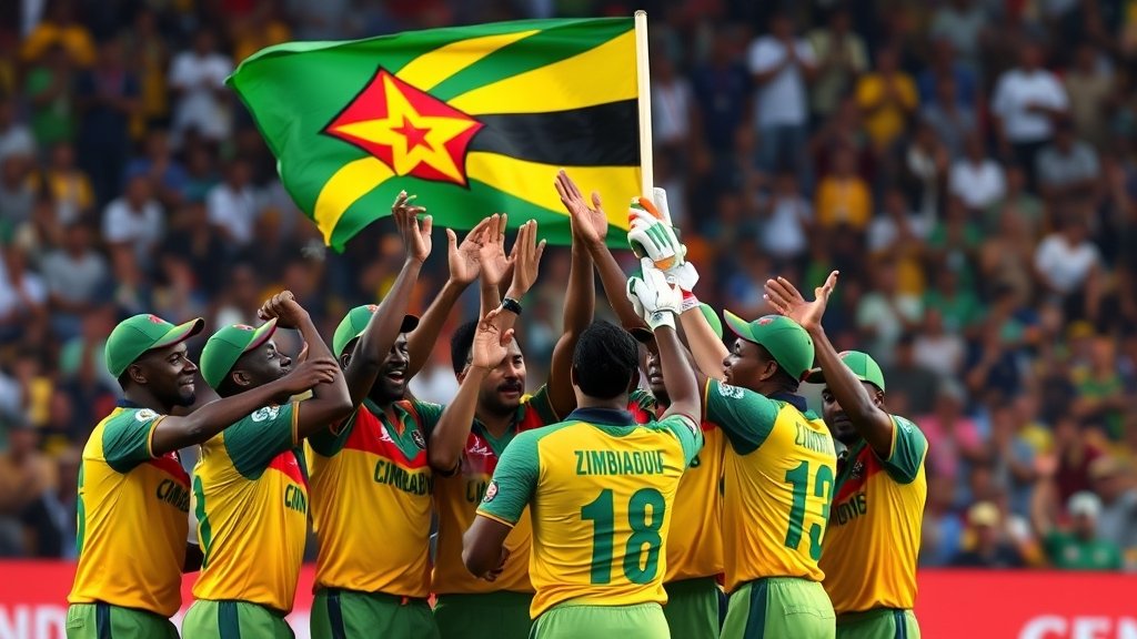 A group of Zimbabwe cricket players celebrating their victory over Sri Lanka and Australia in the T20 World Cup, with a huge crowd cheering in the background and the Zimbabwe flag waving high.