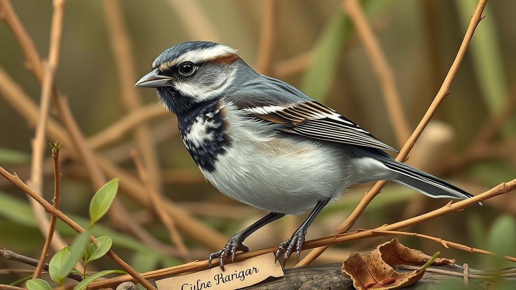 A detailed illustration of a white-throated sparrow in its natural habitat, showcasing its unique plumage and behavior, with a subtle background highlighting the complexity of nature.