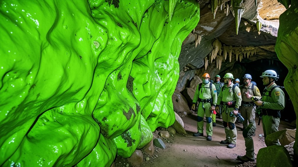 A high-resolution image of the neon green wall inside the Carlsbad Caverns, with a team of scientists in the background, equipped with specialized gear for exploration and research.