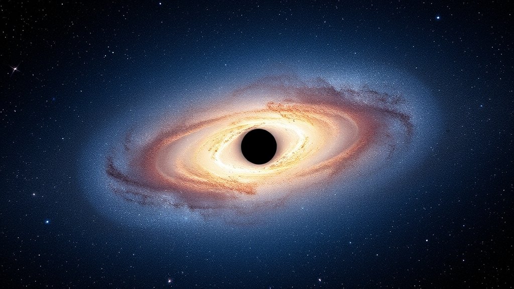 A high-resolution image of the Milky Way galaxy with a prominent black hole at its center, surrounded by stars, gas, and dust, with a subtle gradient effect to convey depth and complexity.