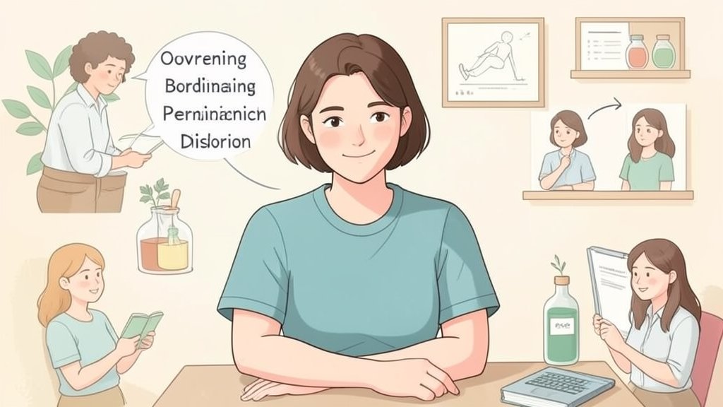 A serene and hopeful illustration of a person overcoming borderline personality disorder and alcohol use, with subtle hints of therapy, support, and self-care in the background.