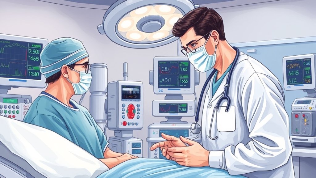 A detailed illustration of a surgeon and a nephrologist discussing a patient's kidney function in a surgical ICU, with medical equipment and monitors in the background.
