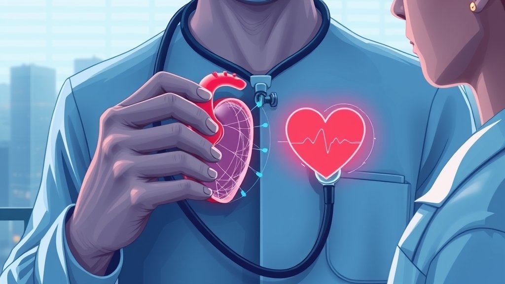 A detailed illustration of a doctor using an AI-powered stethoscope to examine a patient's heart, with a subtle background hint of a cityscape or a global map to represent the global fight against heart disease.