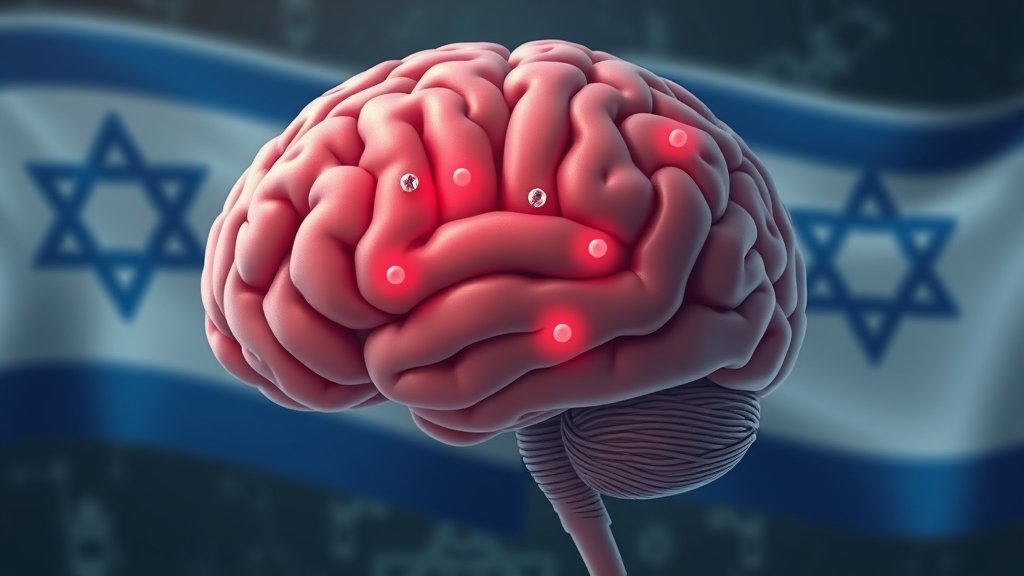An illustration of a human brain with deep brain stimulation electrodes, with a subtle background of Israeli flags or scientific equipment to represent the innovation.