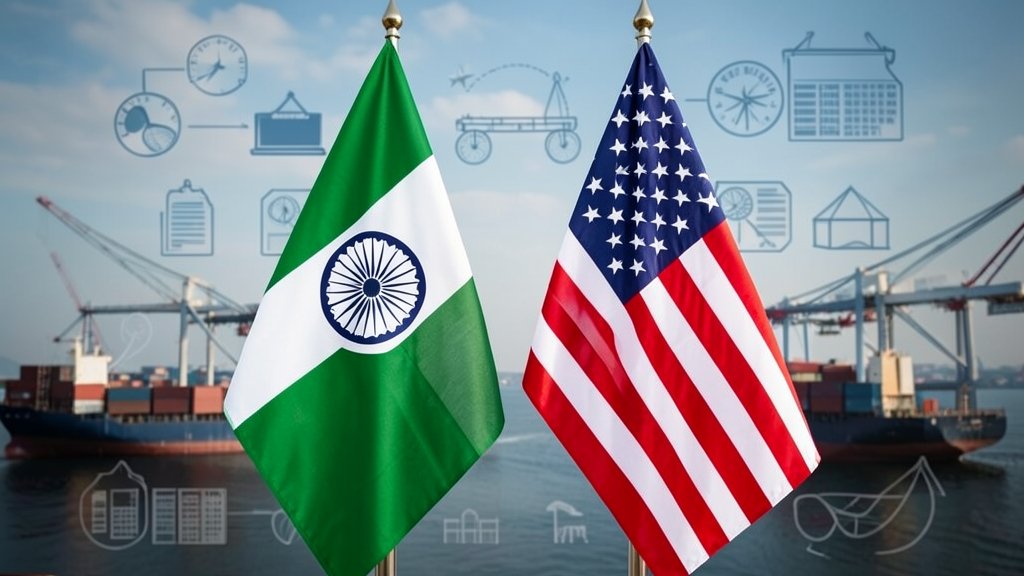 A photo of the Indian and American flags together, with a background of trade-related symbols, such as cargo ships or trade agreements.