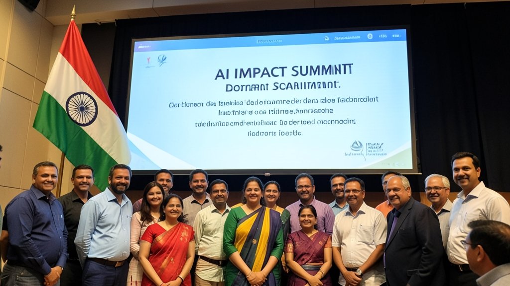 A group of people from different countries gathered around a large screen displaying the AI Impact Summit declaration, with the Indian flag in the background.