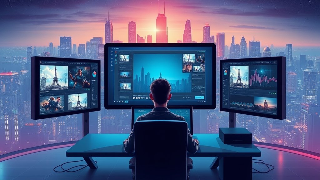 A futuristic illustration of a person sitting in front of a computer, surrounded by screens displaying generated videos, images, and audio waves, with a cityscape in the background.