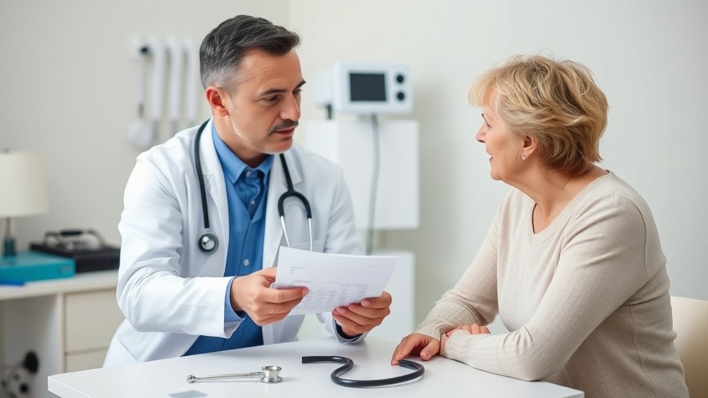 A doctor explaining cholesterol test results to a patient, with a background of medical equipment and a stethoscope on the table.
