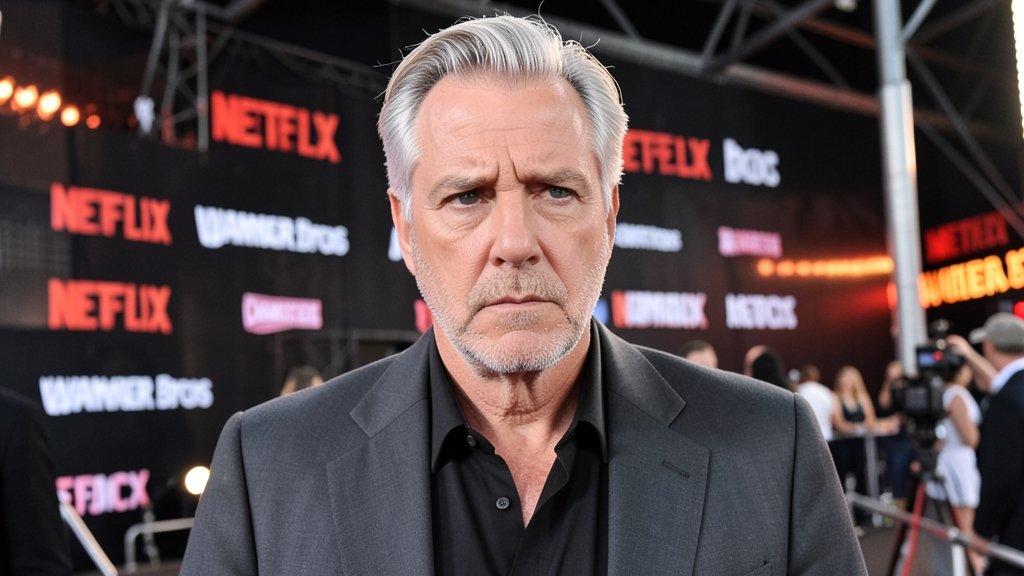 A photo of James Cameron with a serious expression, with a background of Hollywood film sets and Netflix and Warner Bros logos