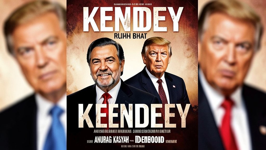 A poster of the movie Kennedy with Anurag Kashyap and Rahul Bhat in the background, with a blurred image of Donald Trump and Dawood Ibrahim in the corner.