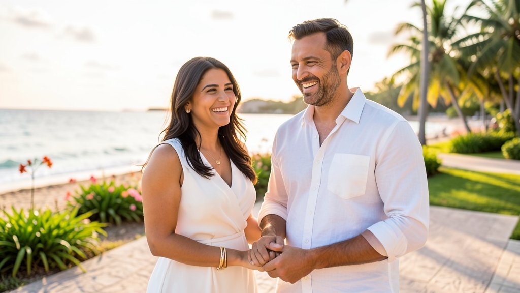A photo of Taapsee Pannu and Mathias Boe together, smiling and holding hands, with a beautiful background of a romantic getaway.