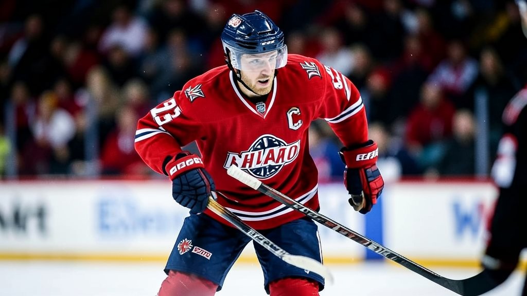 A dramatic image of a hockey player in action, with a blurred background of a stadium and a hint of a controversy in the foreground