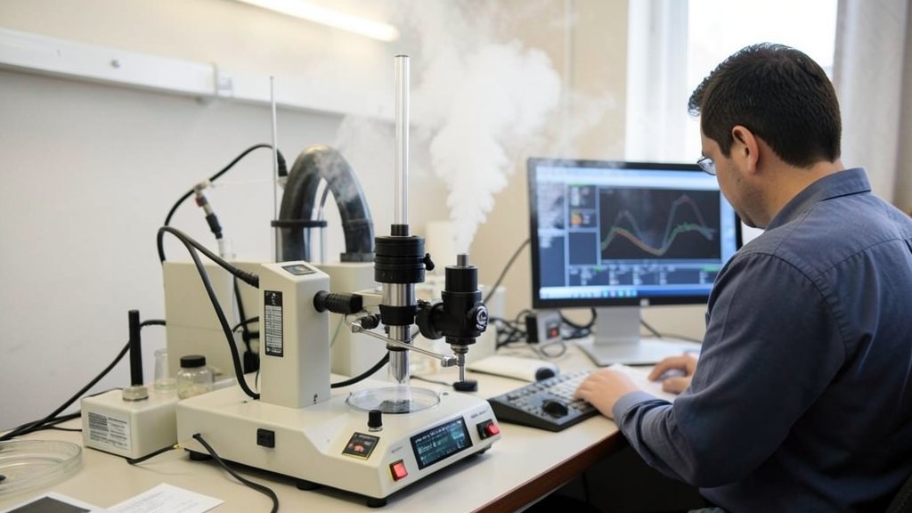 A laboratory setup with a closed-path FTIR spectrometer analyzing smoke samples from biomass burning, with a researcher in the background examining data on a computer screen