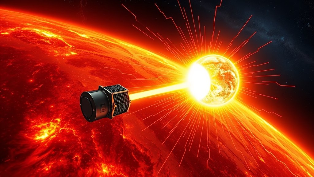 An illustration of the Aditya L1 spacecraft observing the Earth's magnetic field during a solar storm, with vibrant colors and dynamic lighting effects to convey the intense energy of the storm.