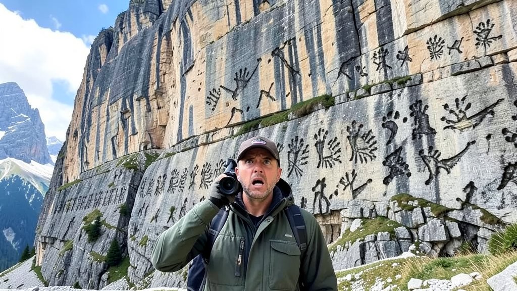 A photographer standing in front of a massive cliff with hundreds of dinosaur footprints visible, with a stunned expression on their face, in the Italian Alps.
