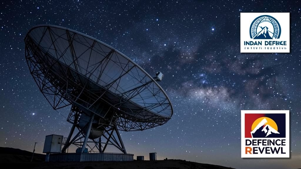 An illustration of a radio telescope scanning the night sky, with a subtle background of stars and galaxies, and a small inset of the Indian Defence Review logo