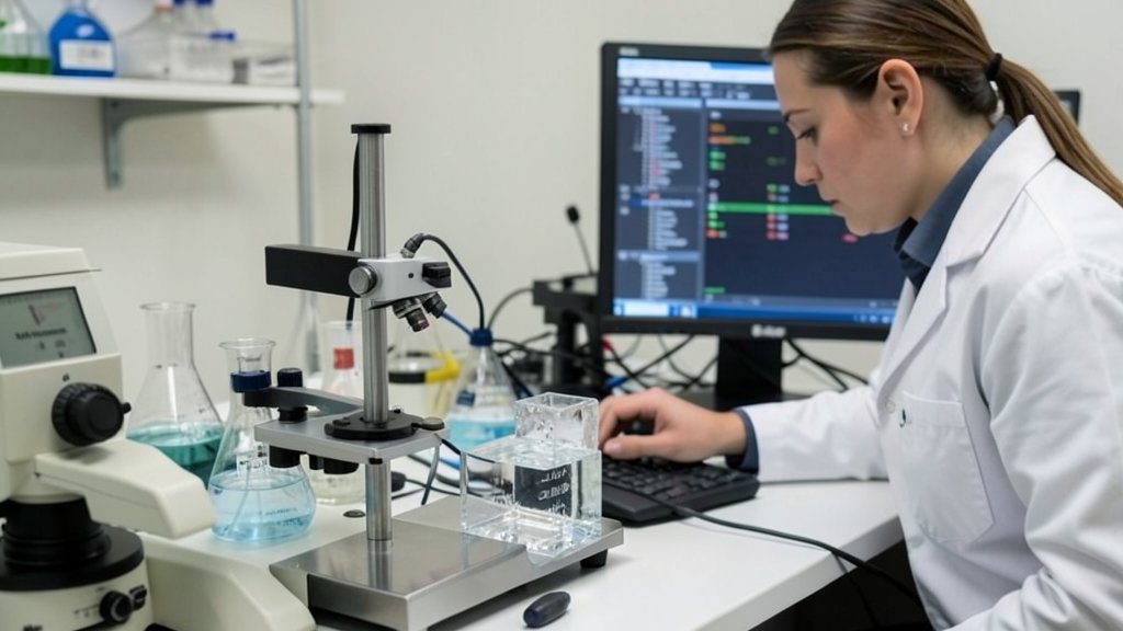 A laboratory setup with a quartz sample being tested for diffusivity, with a scientist in the background analyzing data on a computer screen.