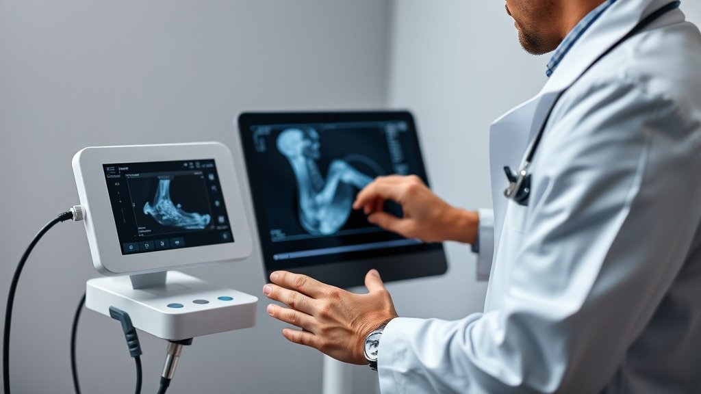 A high-quality image of a rheumatologist using a point of care ultrasound device to examine a patient's joints, with a calm and professional background.