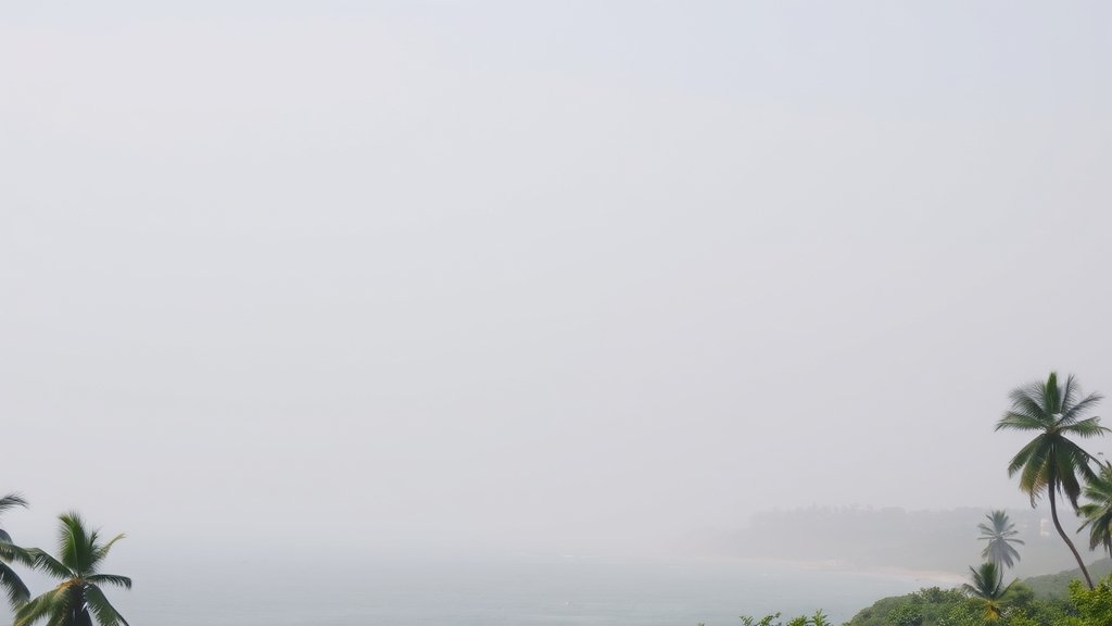 A scenic view of India's southern coast with a hazy atmosphere, palm trees, and a few buildings in the background, highlighting the impact of tropical sun and breezes on air quality
