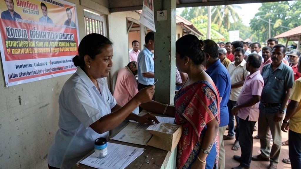 A picture of a person checking their name on the voter list at a polling booth in Kerala, with a backdrop of election posters and a crowd of people waiting to cast their votes.
