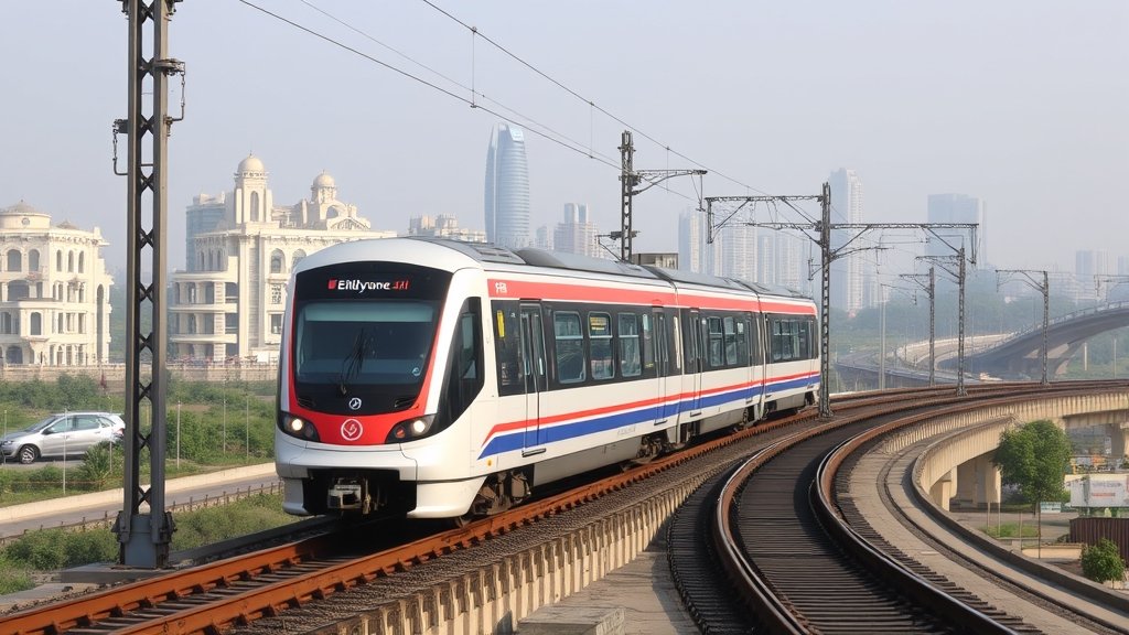 A high-speed metro train running on a newly constructed track with a cityscape in the background, symbolizing modern transportation and urban development in India.