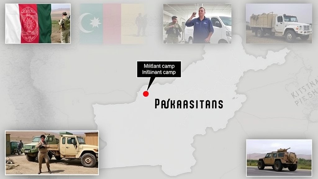 A map of the Pakistan-Afghanistan border with a red marker indicating the location of a recent militant camp strike, surrounded by images of military personnel and equipment in the background.