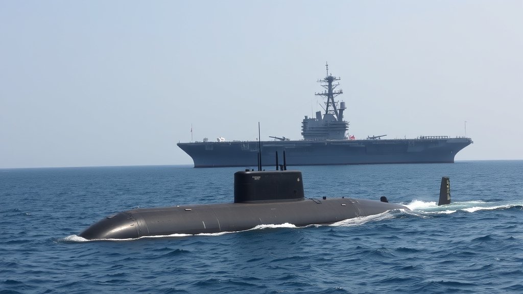 A photo of an Iranian military ship or submarine in the Persian Gulf, with a US aircraft carrier in the background, symbolizing the tensions between the two nations.