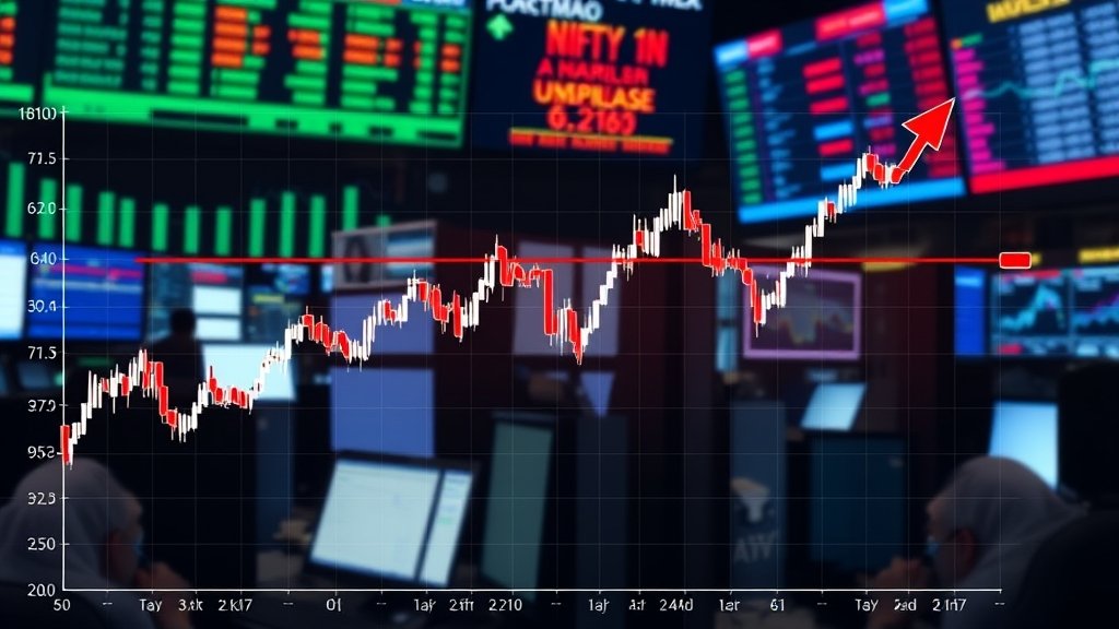 A graph showing the Nifty index with a breakout pattern, surrounded by stock market screens and traders in the background.