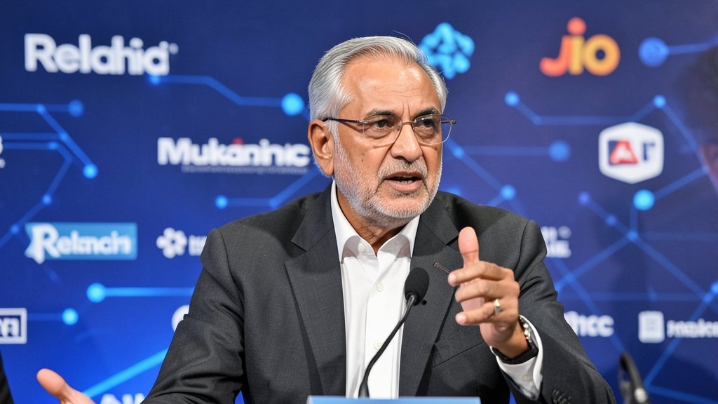 A photo of Mukesh Ambani speaking at a conference with a background of AI-related graphics and logos of Reliance and Jio