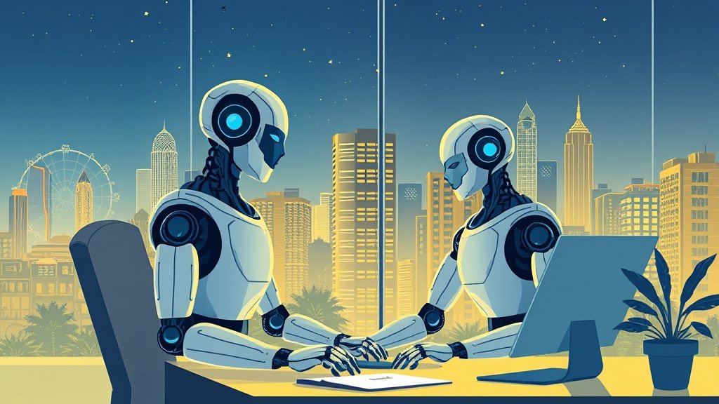 A futuristic illustration of a human and a robot working together in an Indian office setting, with a cityscape in the background, symbolizing the integration of AI in Indian businesses.