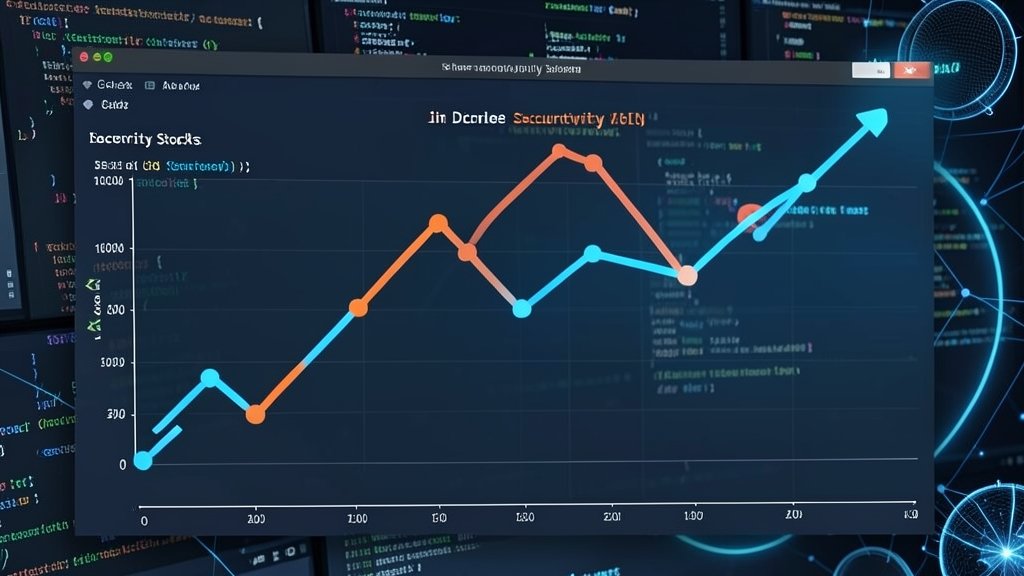 A graph showing the decline in cybersecurity stocks with a background of coding screens and AI-related elements